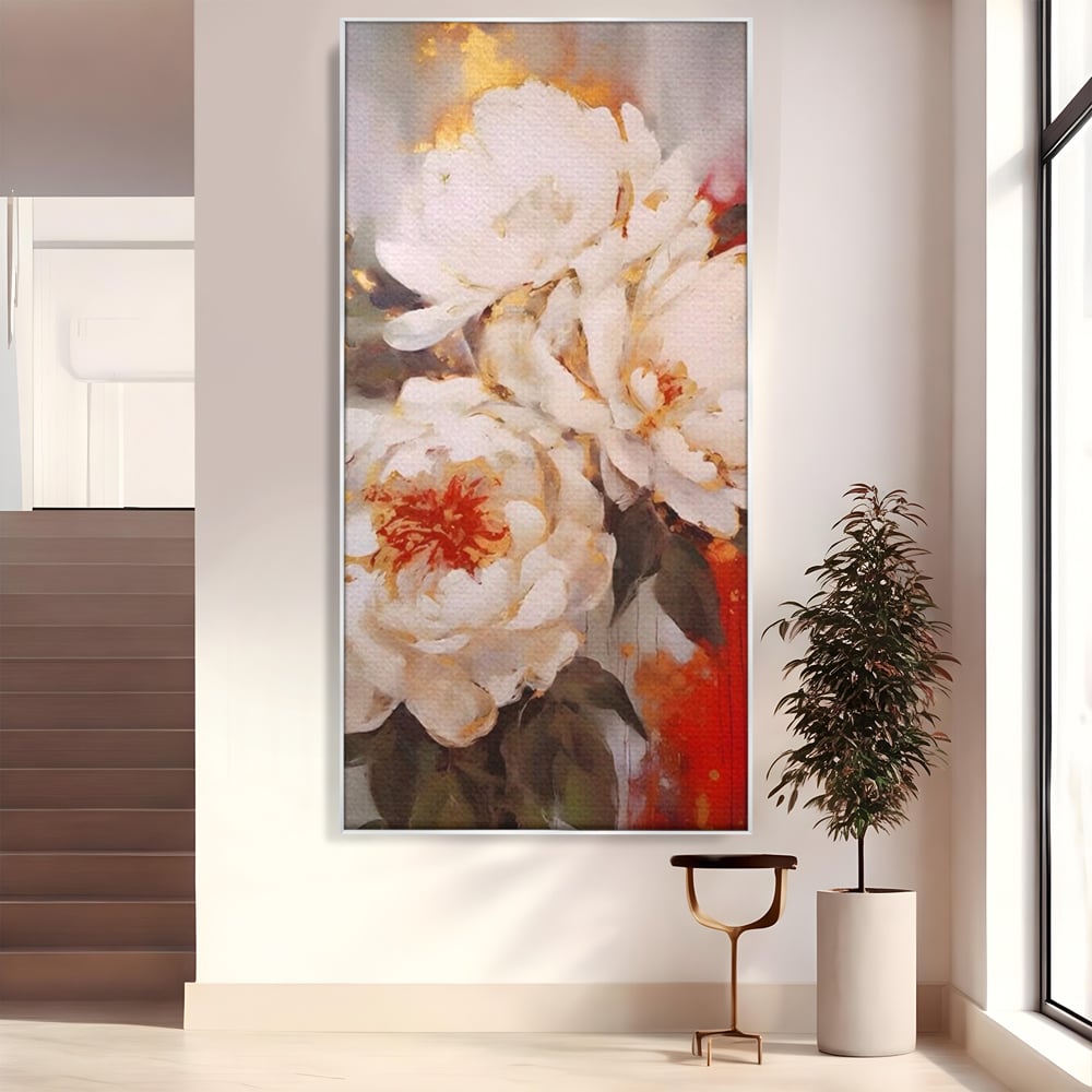 Tablou canvas cu tablou canvas cu bujori albi pictati, in rama de aluminiu argintiu